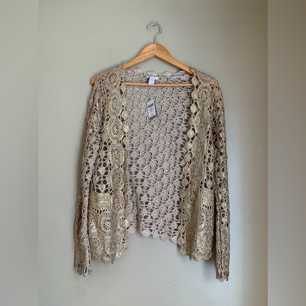 Chicos cardigan sweater crochet ivory with gold fabric paint glam